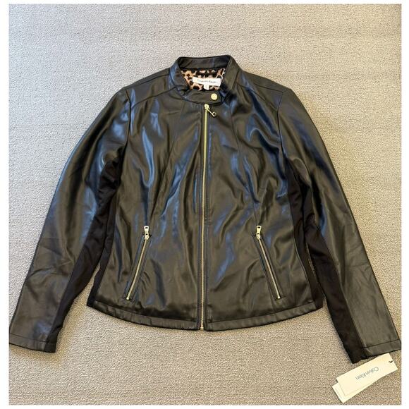Calvin Klein Womens Large Black Faux Leather Biker Jacket Gold Zippers - Picture 1 of 16